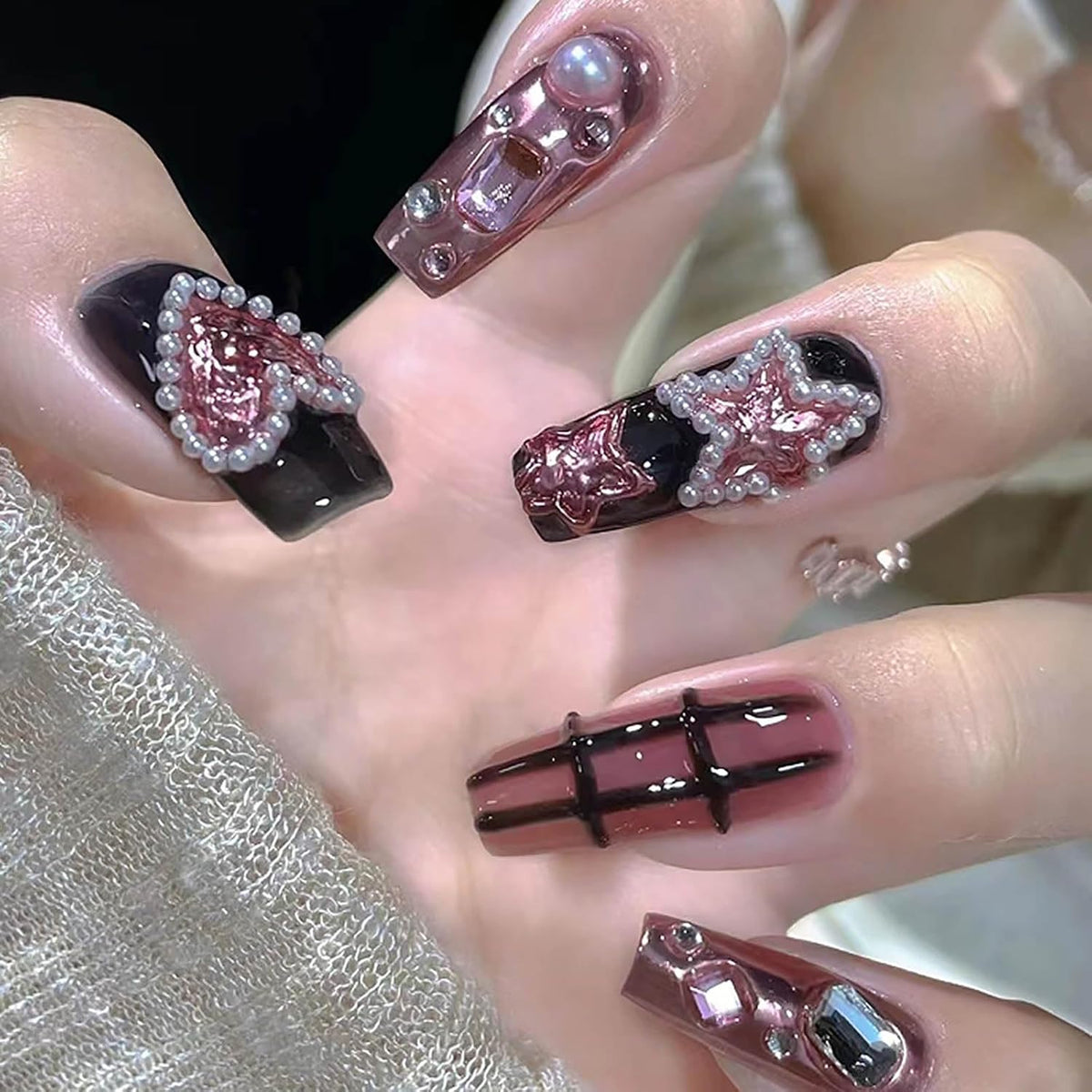 Press on Nails Medium Square Fake Nails Black Full Cover Acrylic False Nails with Pearl Jewelry and Rhinestones Designs Artificial Press on Stick on Nails for Women Nail Decorations