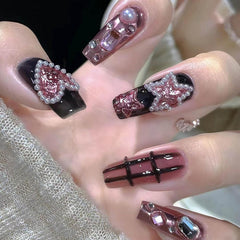 Press on Nails Medium Square Fake Nails Black Full Cover Acrylic False Nails with Pearl Jewelry and Rhinestones Designs Artificial Press on Stick on Nails for Women Nail Decorations