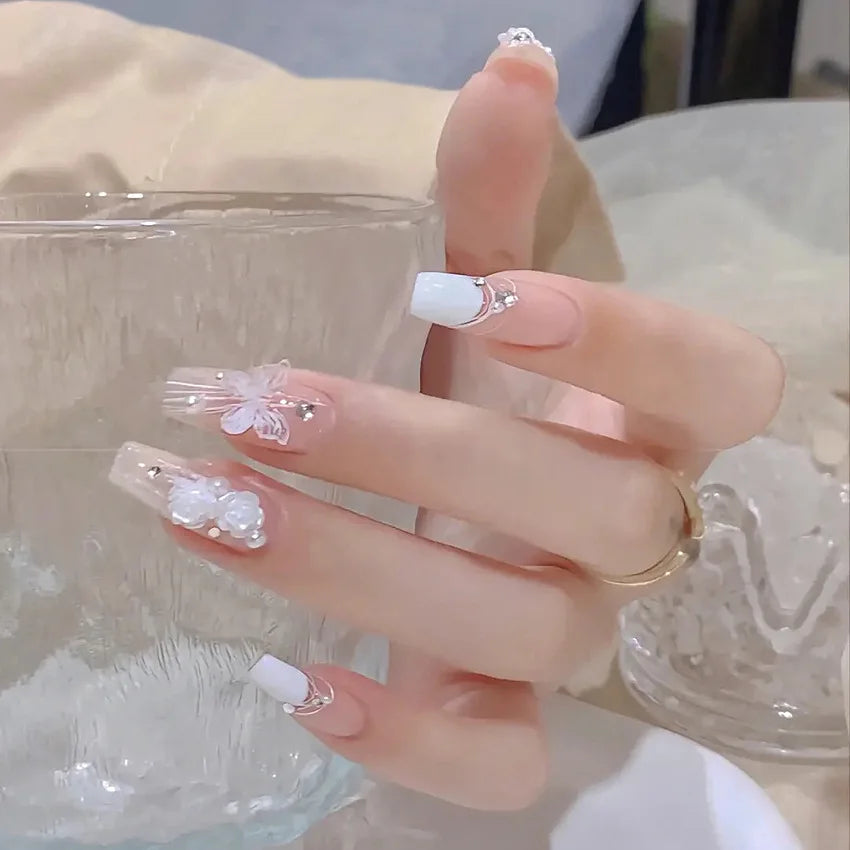24Pcs Mid-Length Fake Nails 3D Flower Pearl Designs Nude Pink Color Press on Nails Ballerina False Nails for Women DIY Manicure