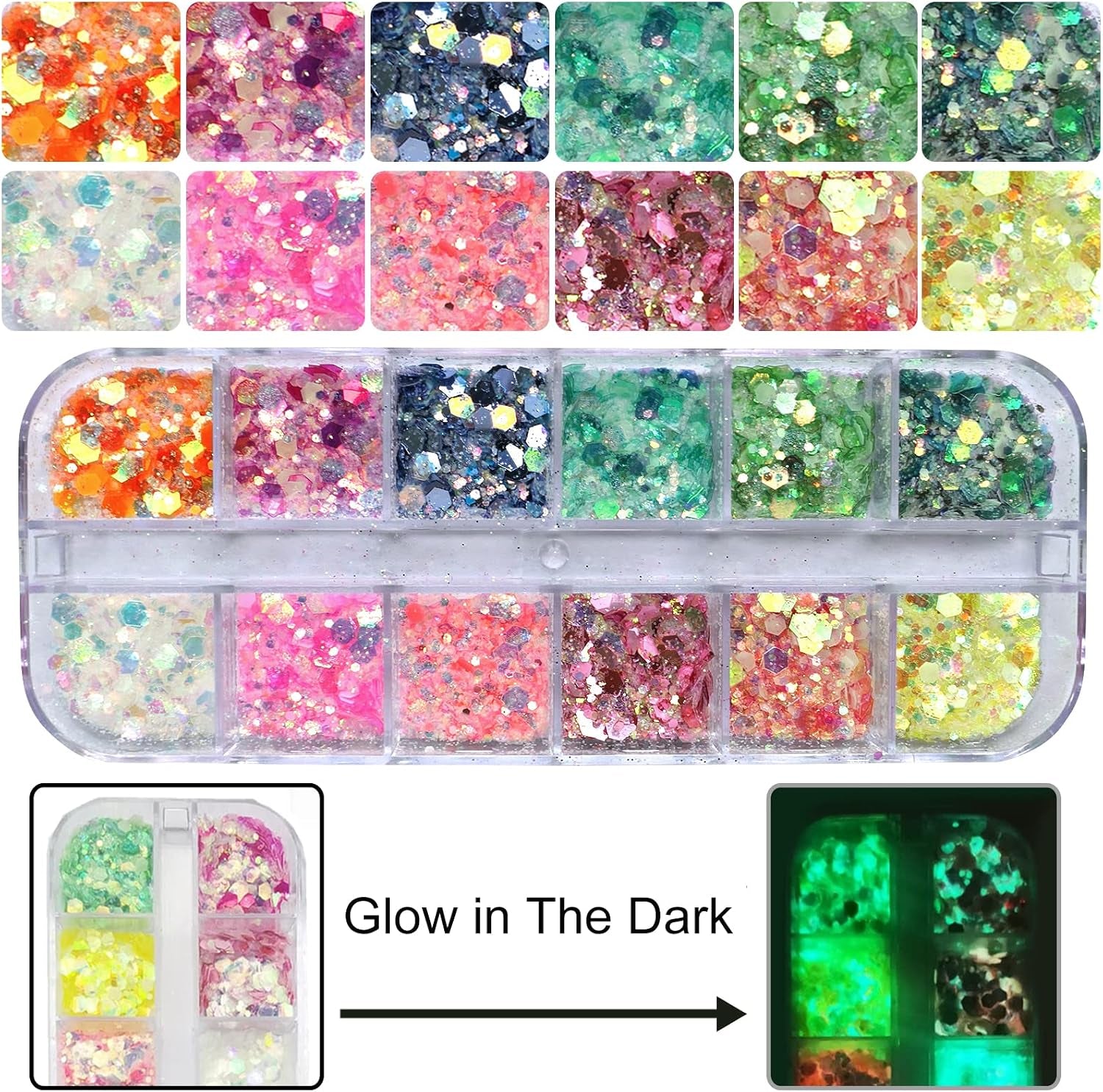 4 Boxes Nail Glitter Luminous Mermaid Chunky Glitter Flakes Fluorescent Mixed Shaped Flower Heart Star Nail Sequins Decals for Nail Art/False Eyelash Decor
