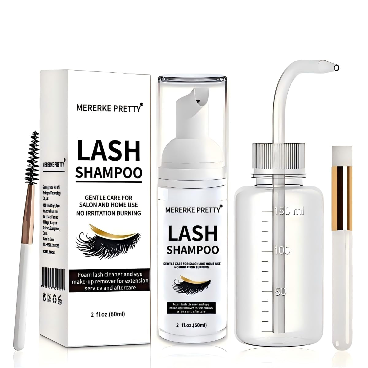 Eyelash Extension Cleanser 60 Ml + Brushes + Rinse Bottle Eyelid Foaming Cleanser, Lash Foam Shampoo for Extensions and Natural Lashes, Makeup Remover for Salon and Home Use