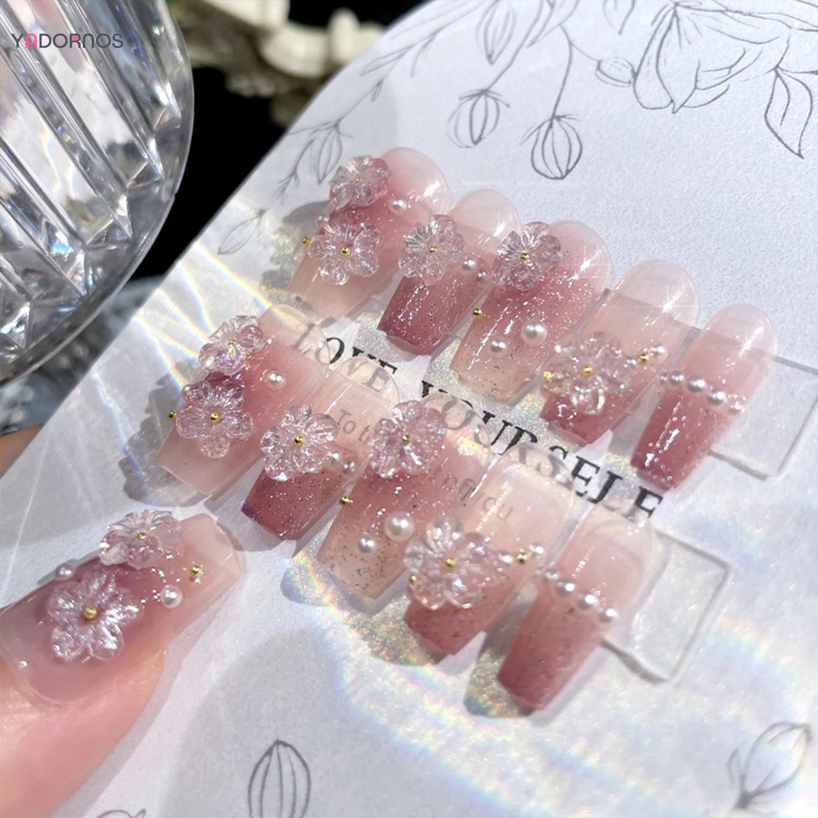 24Pcs Mid-Length Fake Nails 3D Flower Pearl Designs Nude Pink Color Press on Nails Ballerina False Nails for Women DIY Manicure
