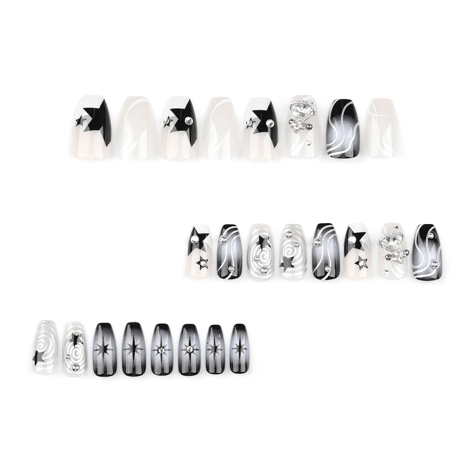 Press on Nails Medium Coffin Fake Nails Black Gradient Acrylic Press on False Nails with Y2K Planet Flash Diamond Artificial Press on Nails with Design Stick on Nails for Women