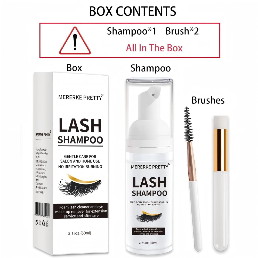 Eyelash Extension Cleanser 60 Ml + Brushes + Rinse Bottle Eyelid Foaming Cleanser, Lash Foam Shampoo for Extensions and Natural Lashes, Makeup Remover for Salon and Home Use