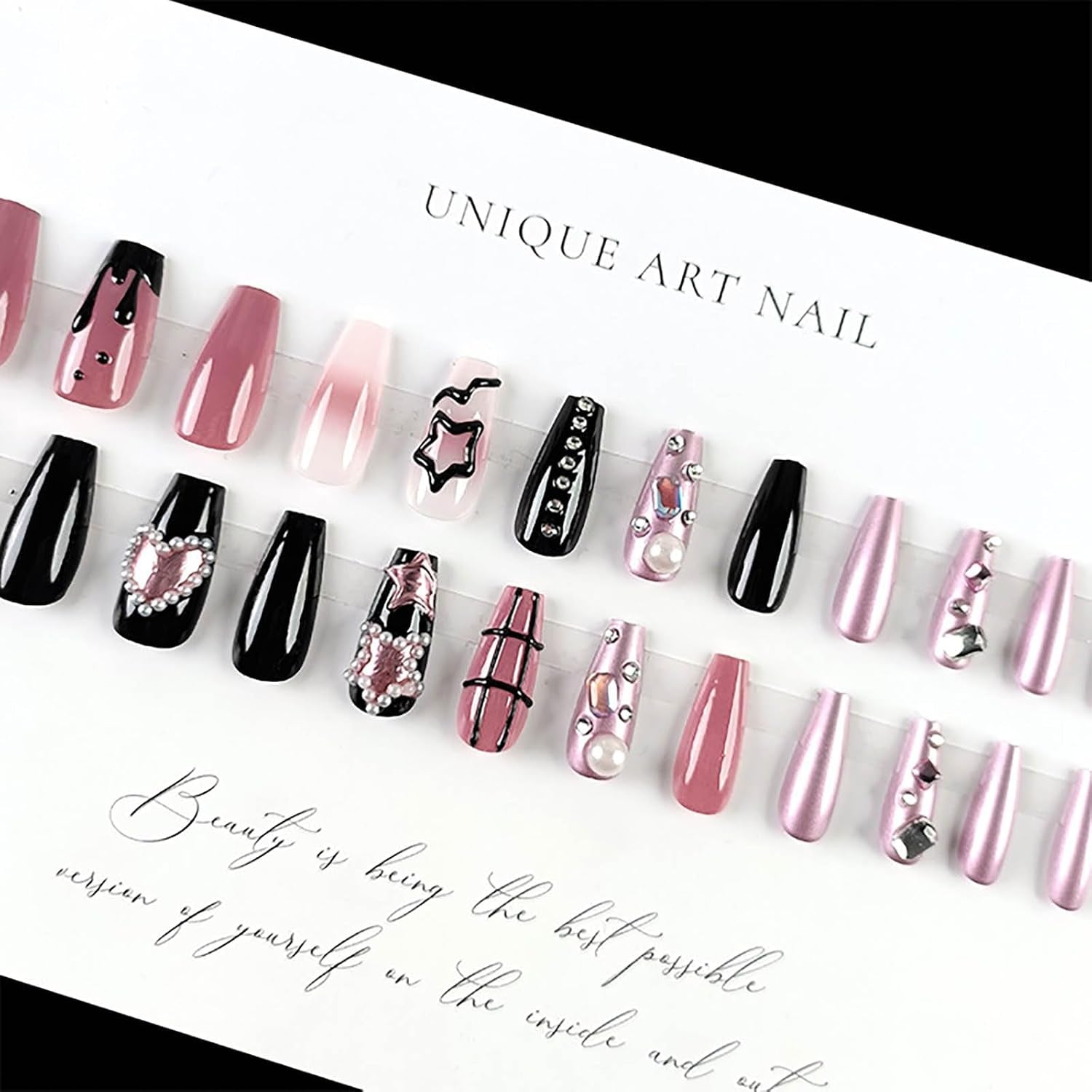 Press on Nails Medium Square Fake Nails Black Full Cover Acrylic False Nails with Pearl Jewelry and Rhinestones Designs Artificial Press on Stick on Nails for Women Nail Decorations