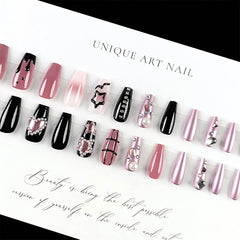 Press on Nails Medium Square Fake Nails Black Full Cover Acrylic False Nails with Pearl Jewelry and Rhinestones Designs Artificial Press on Stick on Nails for Women Nail Decorations