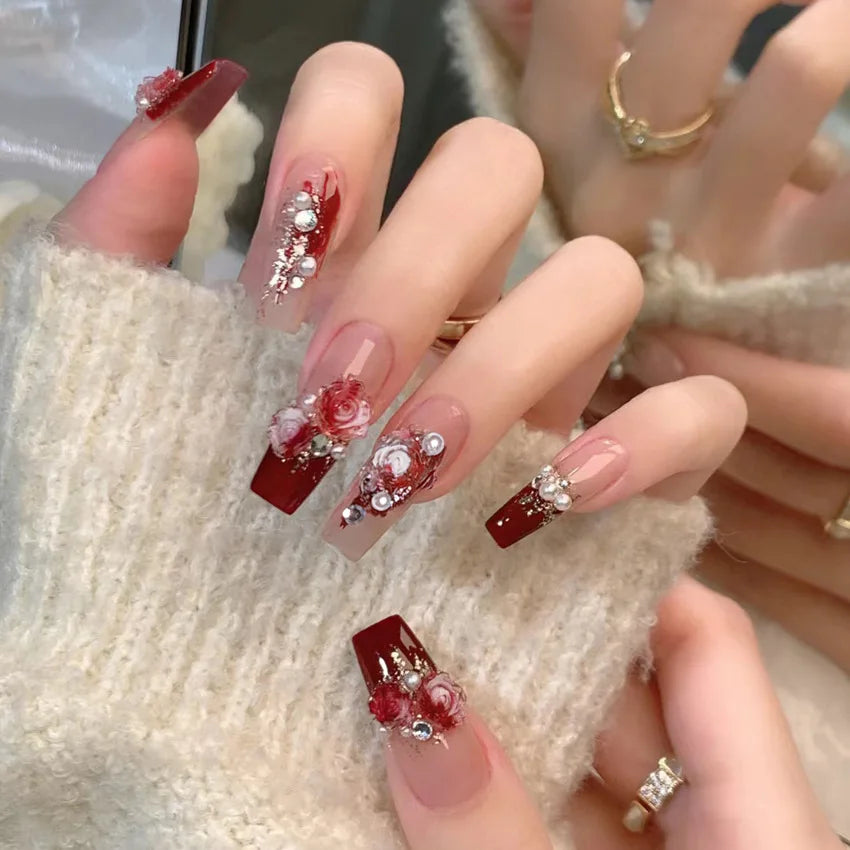 24Pcs Mid-Length Fake Nails 3D Flower Pearl Designs Nude Pink Color Press on Nails Ballerina False Nails for Women DIY Manicure