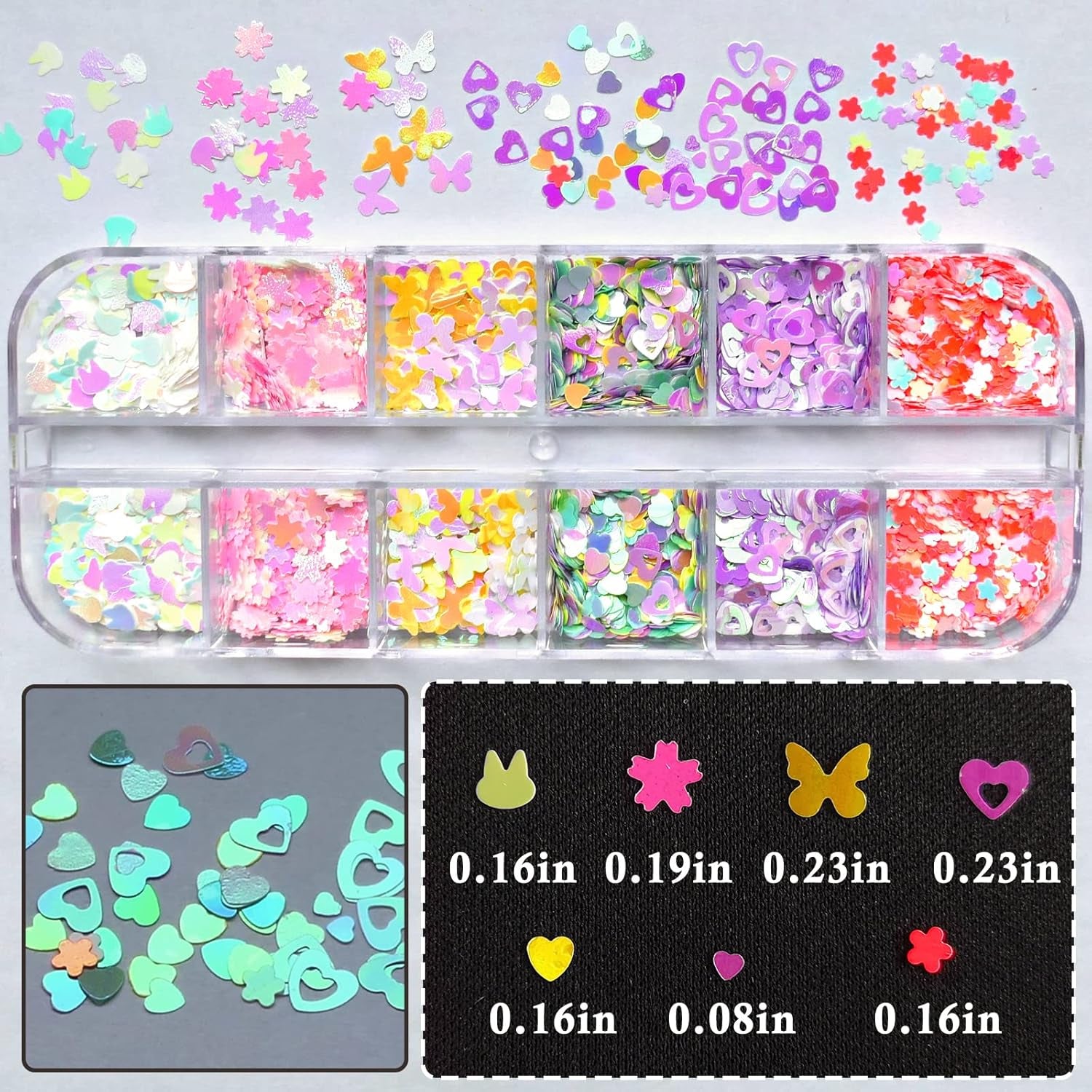 4 Boxes Nail Glitter Luminous Mermaid Chunky Glitter Flakes Fluorescent Mixed Shaped Flower Heart Star Nail Sequins Decals for Nail Art/False Eyelash Decor