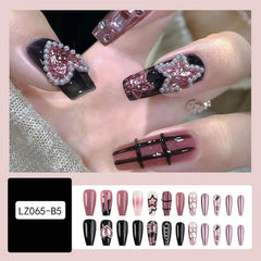 Press on Nails Medium Square Fake Nails Black Full Cover Acrylic False Nails with Pearl Jewelry and Rhinestones Designs Artificial Press on Stick on Nails for Women Nail Decorations