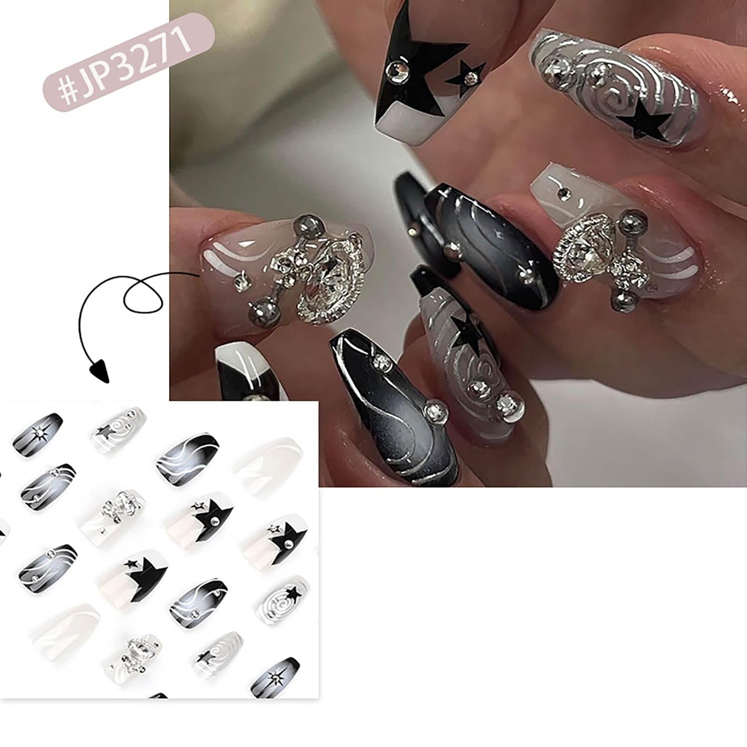 Press on Nails Medium Coffin Fake Nails Black Gradient Acrylic Press on False Nails with Y2K Planet Flash Diamond Artificial Press on Nails with Design Stick on Nails for Women
