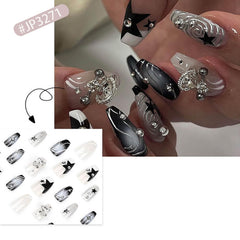 Press on Nails Medium Coffin Fake Nails Black Gradient Acrylic Press on False Nails with Y2K Planet Flash Diamond Artificial Press on Nails with Design Stick on Nails for Women