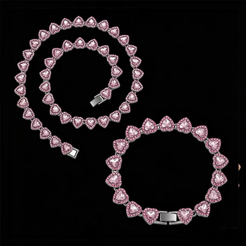 ZAKOL 45CM New Hip Hop Tennis Chain Bracelet Necklace Shiny Heart Rhinestone CZ Fashion Rock Party Jewelry Set