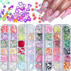 4 Boxes Nail Glitter Luminous Mermaid Chunky Glitter Flakes Fluorescent Mixed Shaped Flower Heart Star Nail Sequins Decals for Nail Art/False Eyelash Decor