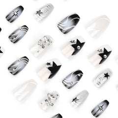Press on Nails Medium Coffin Fake Nails Black Gradient Acrylic Press on False Nails with Y2K Planet Flash Diamond Artificial Press on Nails with Design Stick on Nails for Women
