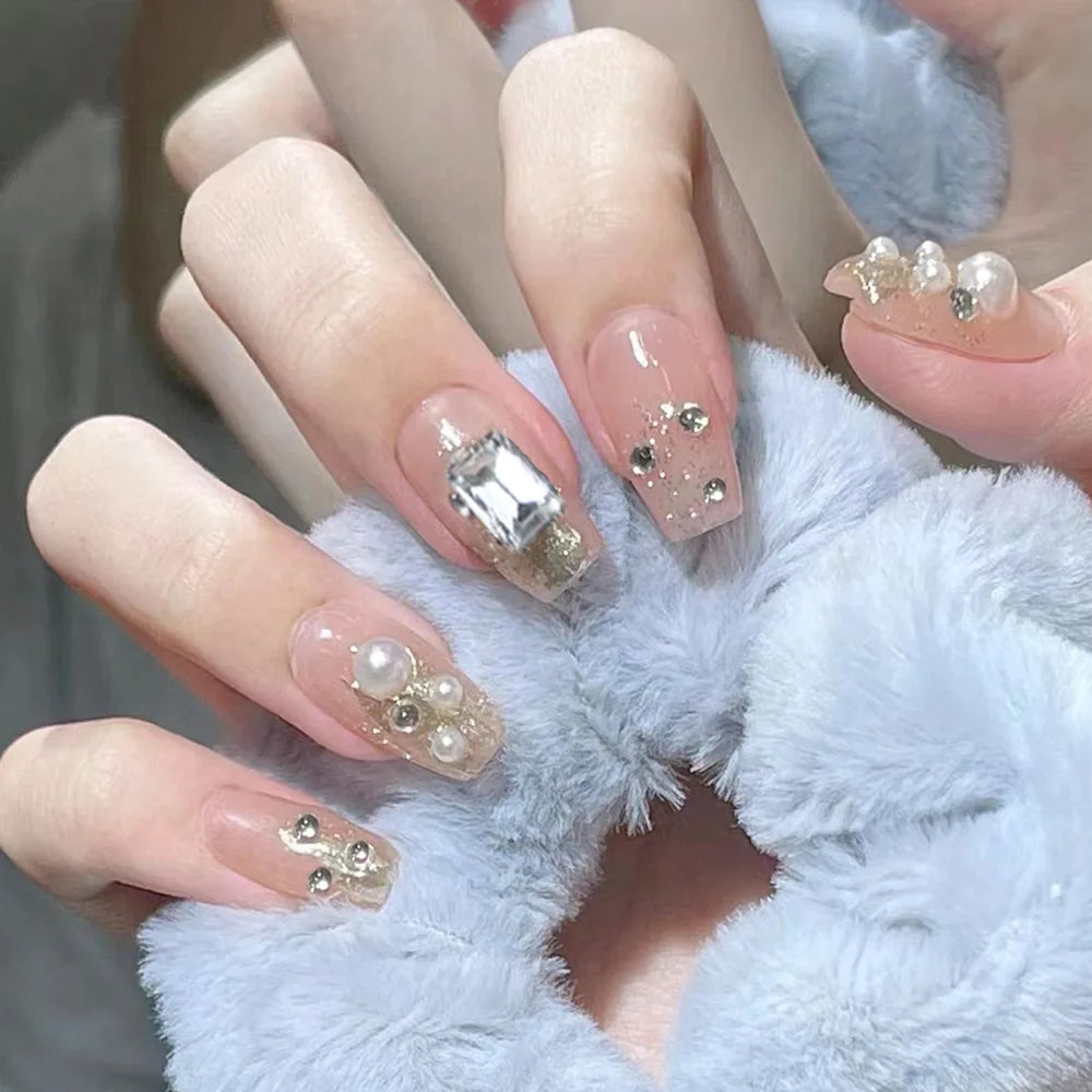 24Pcs Mid-Length Fake Nails 3D Flower Pearl Designs Nude Pink Color Press on Nails Ballerina False Nails for Women DIY Manicure
