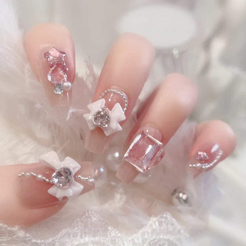 24Pcs Mid-Length Fake Nails 3D Flower Pearl Designs Nude Pink Color Press on Nails Ballerina False Nails for Women DIY Manicure