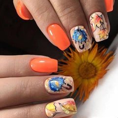 24Pcs Fall Medium Press on Nails Coffin Maple Leaf Full Cover False Nails with Autumn Leaves Designs Acrylic Glossy Stick on Reusable Artificial Thanksgiving for Women