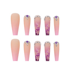 Artificail Extra Long Press on Nails, Rhinestone Pink Fake Nails with Glitter Acrylic Full Cover Fake Nails with Design Nail Tips for Women&Girls, 24PCS