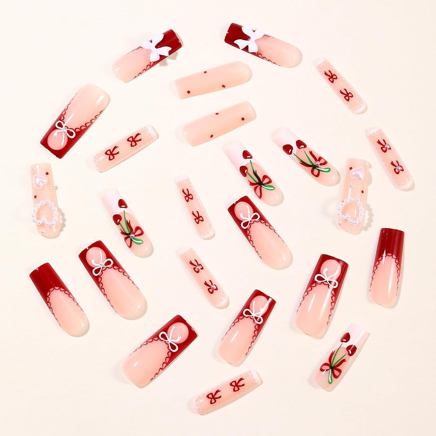 Long Coffin Press on Nails Ballerina Fake Nails with Designs Cherry Bow Stick on Nails Red French False Nails Heart Pearl Acrylic Nails Glossy Artificial Nails Full Cover Glue on Nails for Women