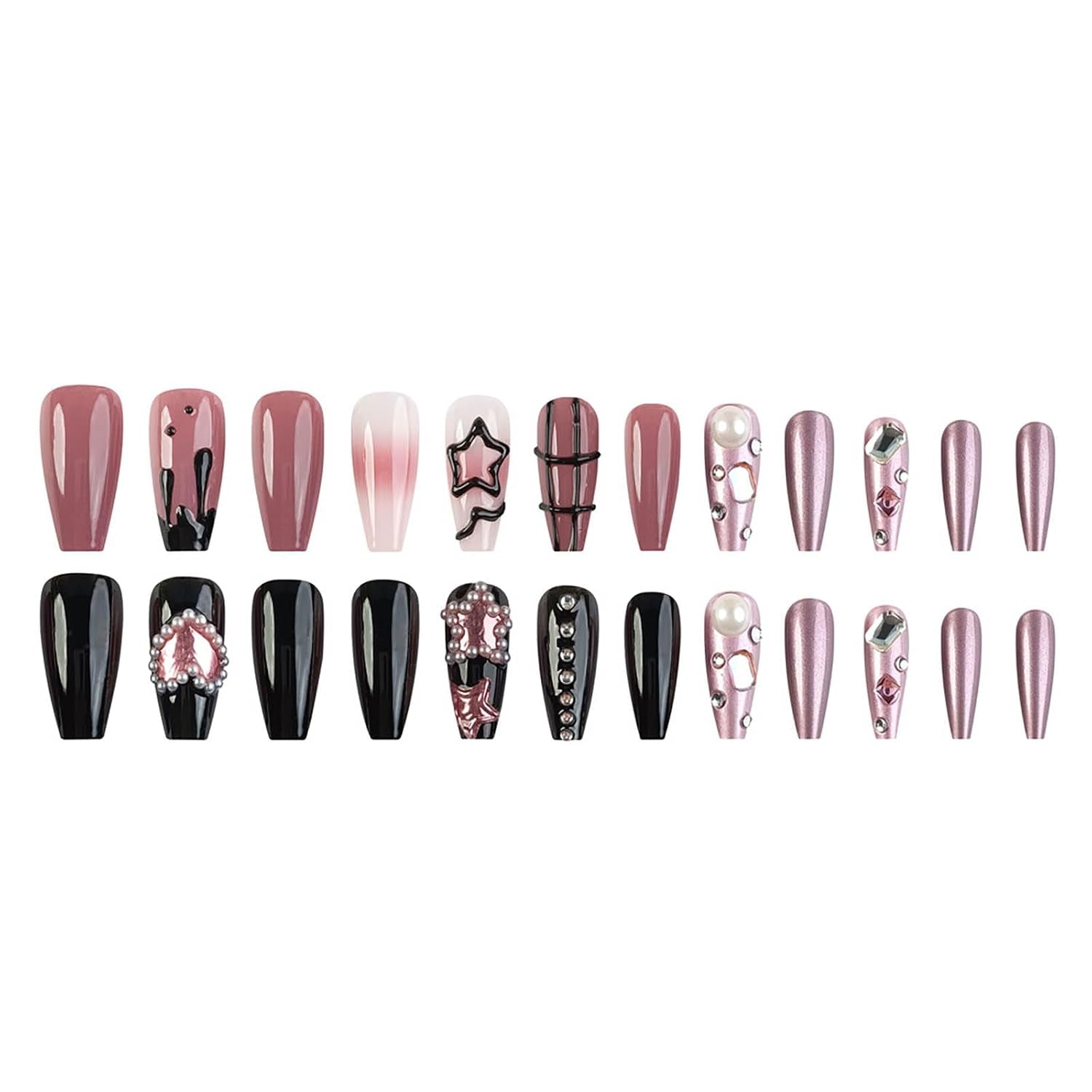 Press on Nails Medium Square Fake Nails Black Full Cover Acrylic False Nails with Pearl Jewelry and Rhinestones Designs Artificial Press on Stick on Nails for Women Nail Decorations