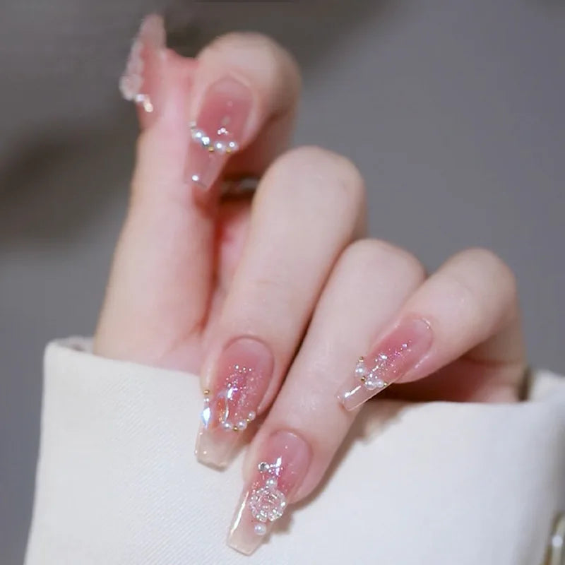 24Pcs Mid-Length Fake Nails 3D Flower Pearl Designs Nude Pink Color Press on Nails Ballerina False Nails for Women DIY Manicure