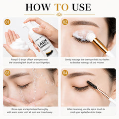 Eyelash Extension Cleanser 60 Ml + Brushes + Rinse Bottle Eyelid Foaming Cleanser, Lash Foam Shampoo for Extensions and Natural Lashes, Makeup Remover for Salon and Home Use