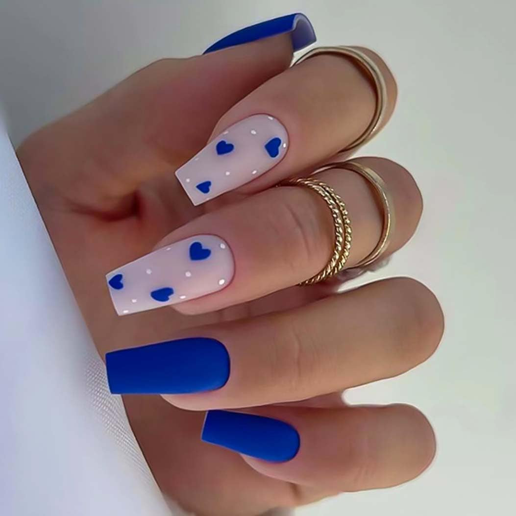 Long Fake Nails Coffin Press on Nails with Hearts Design Blue Nails Matte Full Cover Nails for Women 24 Pcs/Set