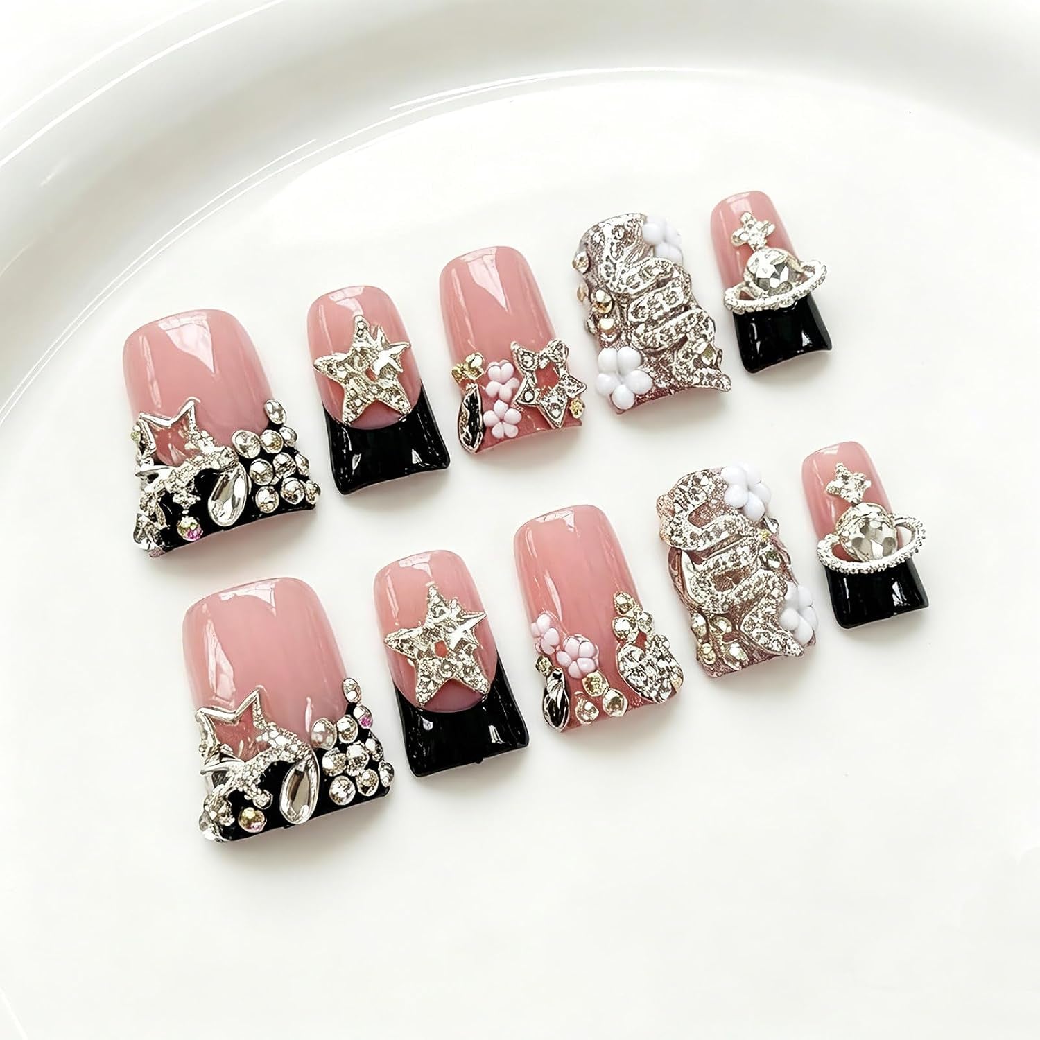 Handmade Short Duck Nails Y2K Black French Rhinestone Star 10Pcs M