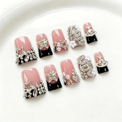 Handmade Short Duck Nails Y2K Black French Rhinestone Star 10Pcs M
