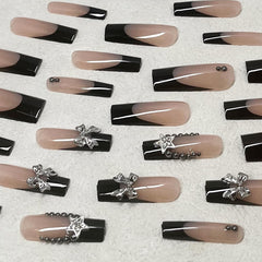 Black French Tip Press on Nails Long Square Coffin Fake Nails with 3D Bow Charms Designs Glossy Silver Star Rhinestones Glue on Nails Y2K Nude Pink Full Cover False Nails for Women Girls 24Pcs