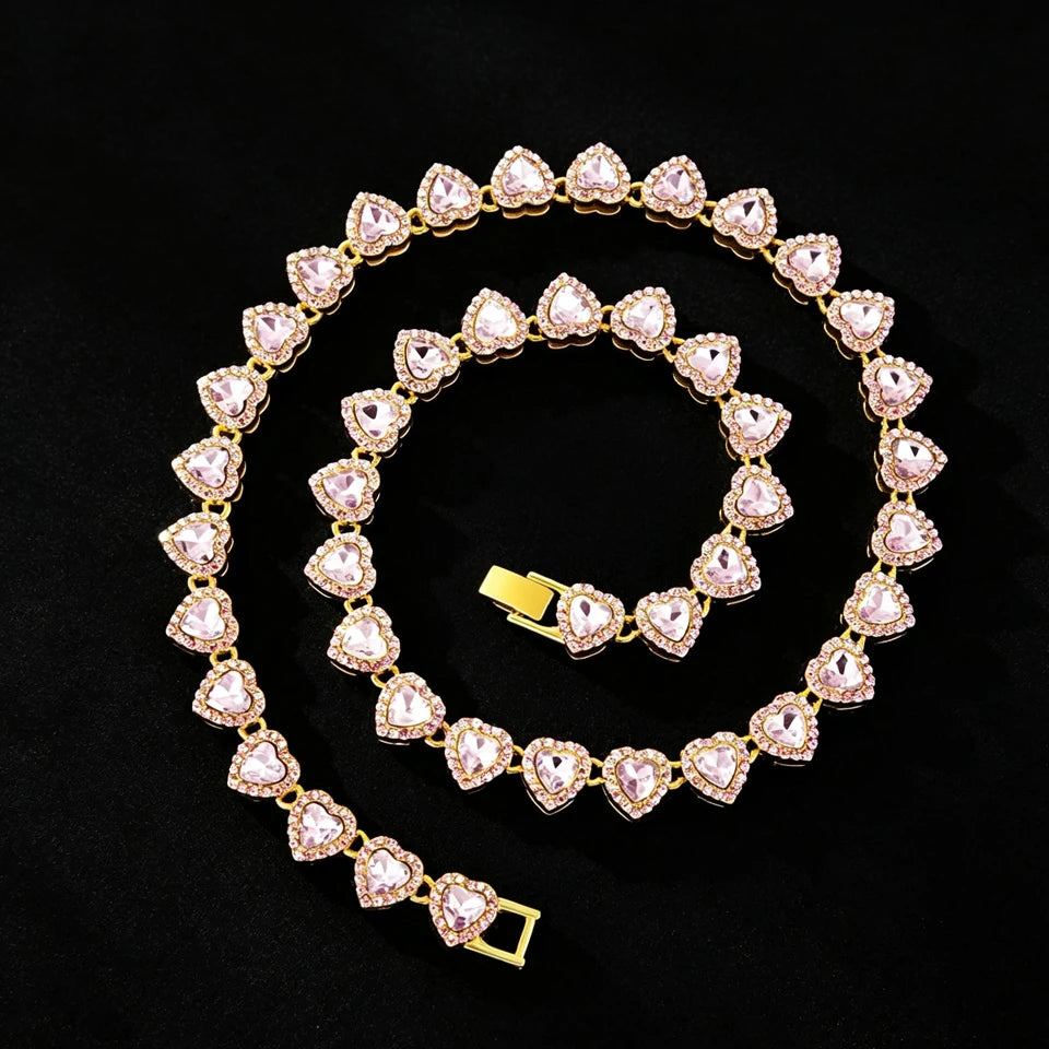 ZAKOL 45CM New Hip Hop Tennis Chain Bracelet Necklace Shiny Heart Rhinestone CZ Fashion Rock Party Jewelry Set