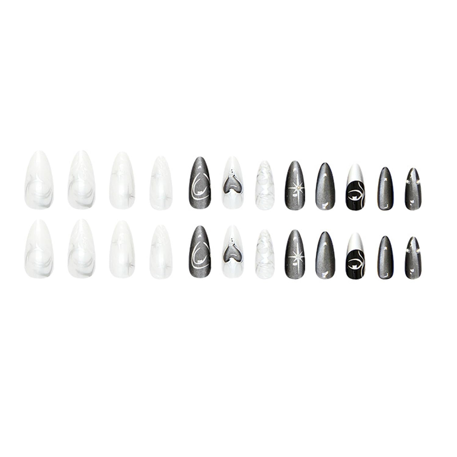 24Pcs Black Press on Nails Medium Length Almond Fake Nails Sparkling Star Gothic Dark Black Style Full Cover Press on Glossy Acrylic Nails Stick on Nails French Tip Nail Art Decoration for Women