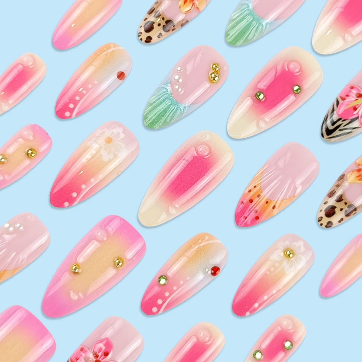 24Pcs Spring Summer Flower Press on Nails Medium Almond Fake Nails with 3D Gold Beads Glitter Designs Glue on Nails Colorful French Tip False Nails Hibiscus Stick on Nails for Women Acrylic Manicure
