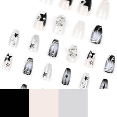 Press on Nails Medium Coffin Fake Nails Black Gradient Acrylic Press on False Nails with Y2K Planet Flash Diamond Artificial Press on Nails with Design Stick on Nails for Women