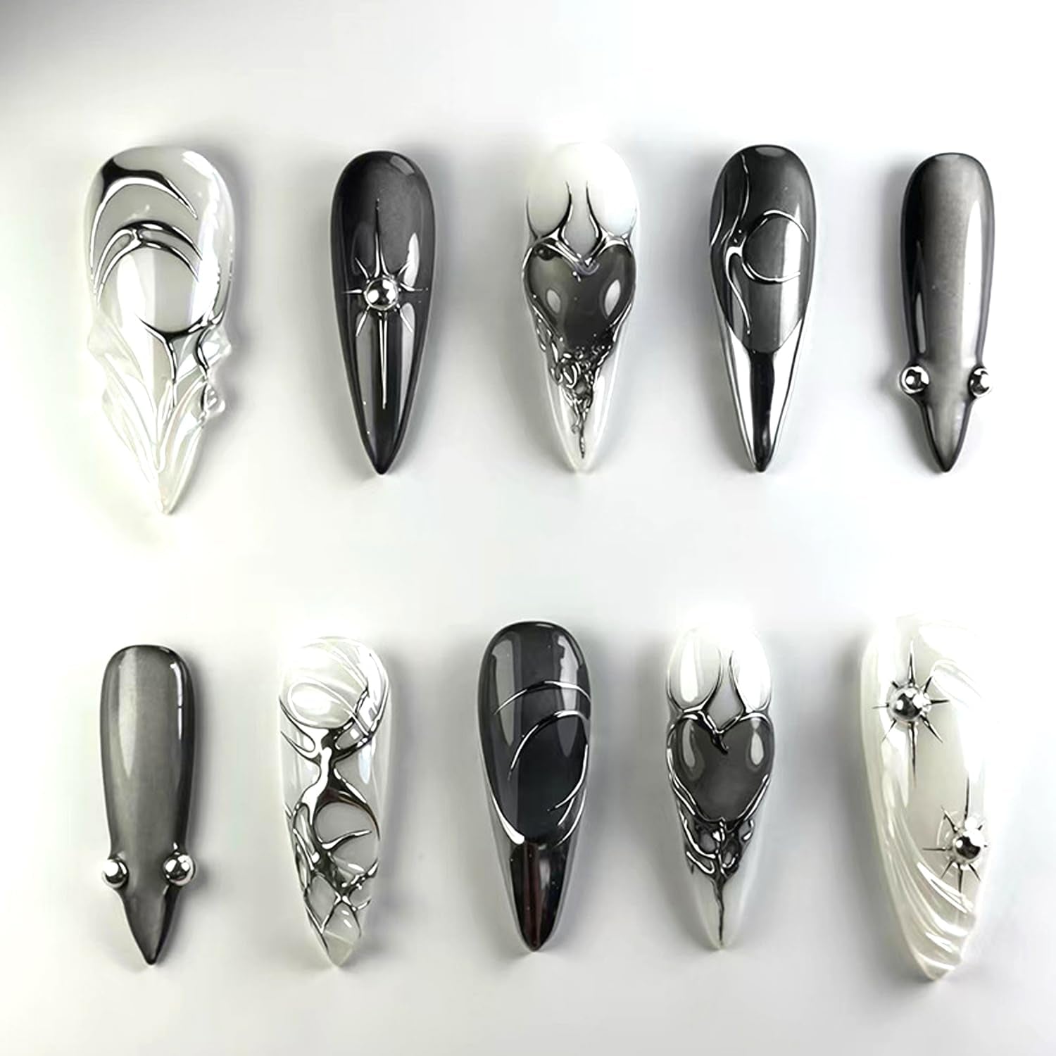 24Pcs Black Press on Nails Medium Length Almond Fake Nails Sparkling Star Gothic Dark Black Style Full Cover Press on Glossy Acrylic Nails Stick on Nails French Tip Nail Art Decoration for Women