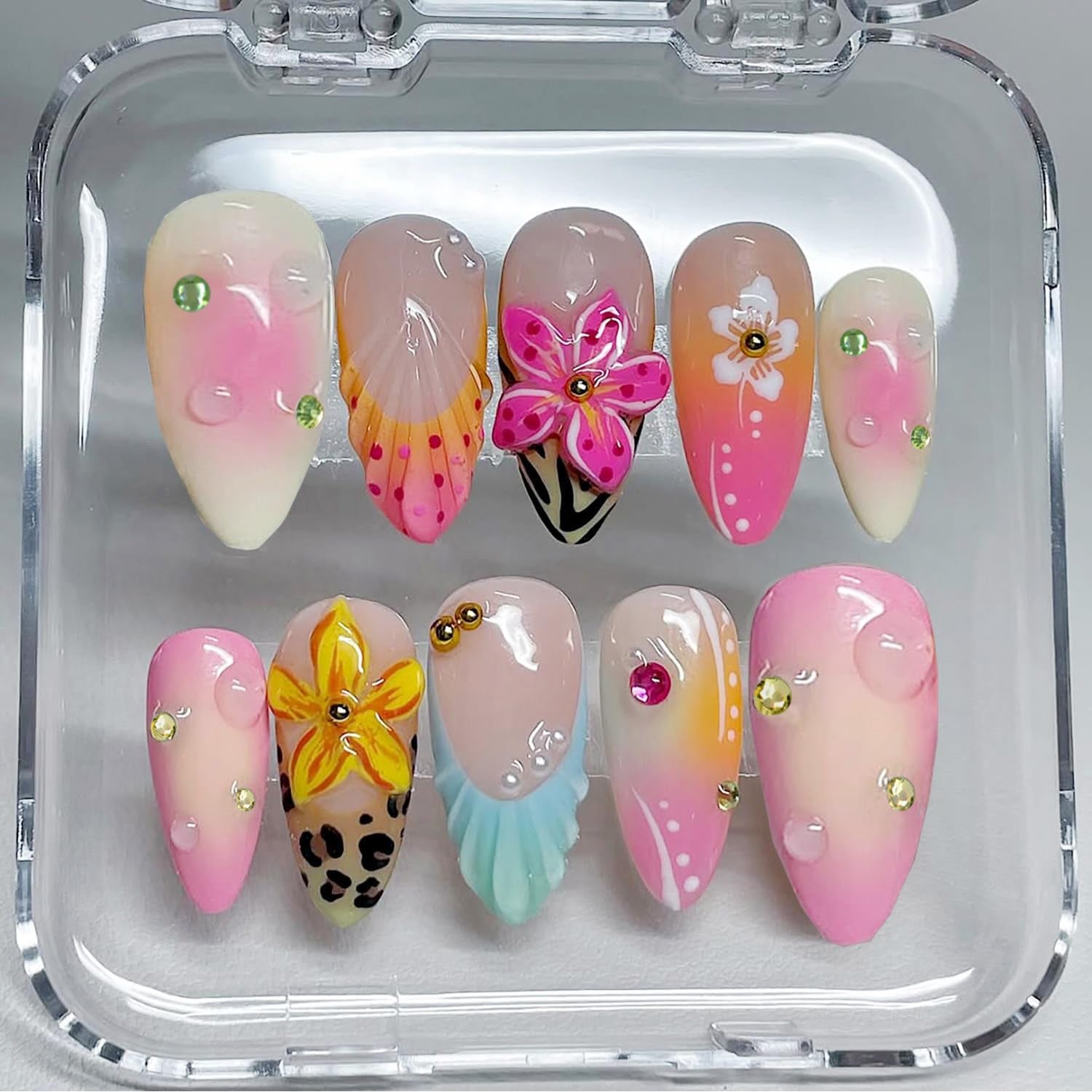 24Pcs Spring Summer Flower Press on Nails Medium Almond Fake Nails with 3D Gold Beads Glitter Designs Glue on Nails Colorful French Tip False Nails Hibiscus Stick on Nails for Women Acrylic Manicure