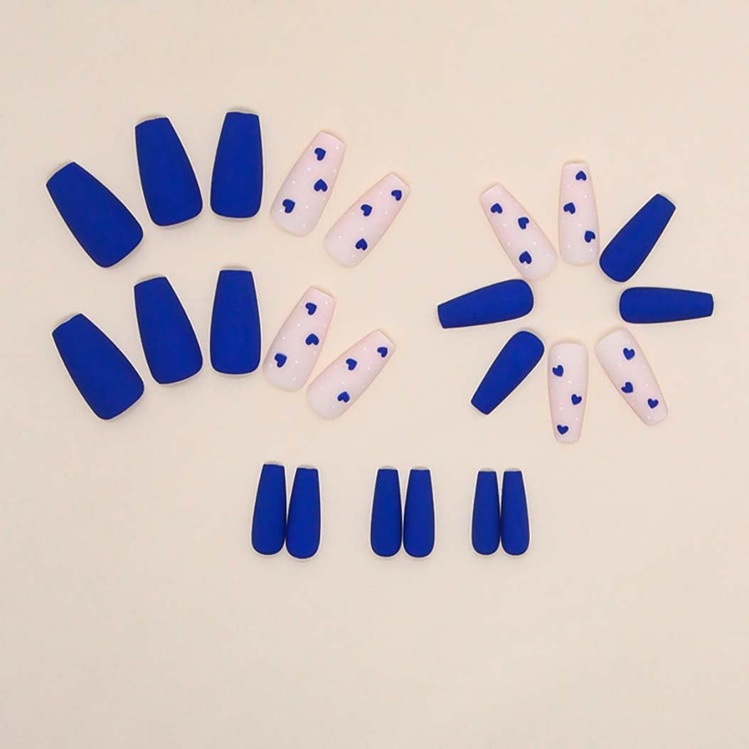 Long Fake Nails Coffin Press on Nails with Hearts Design Blue Nails Matte Full Cover Nails for Women 24 Pcs/Set