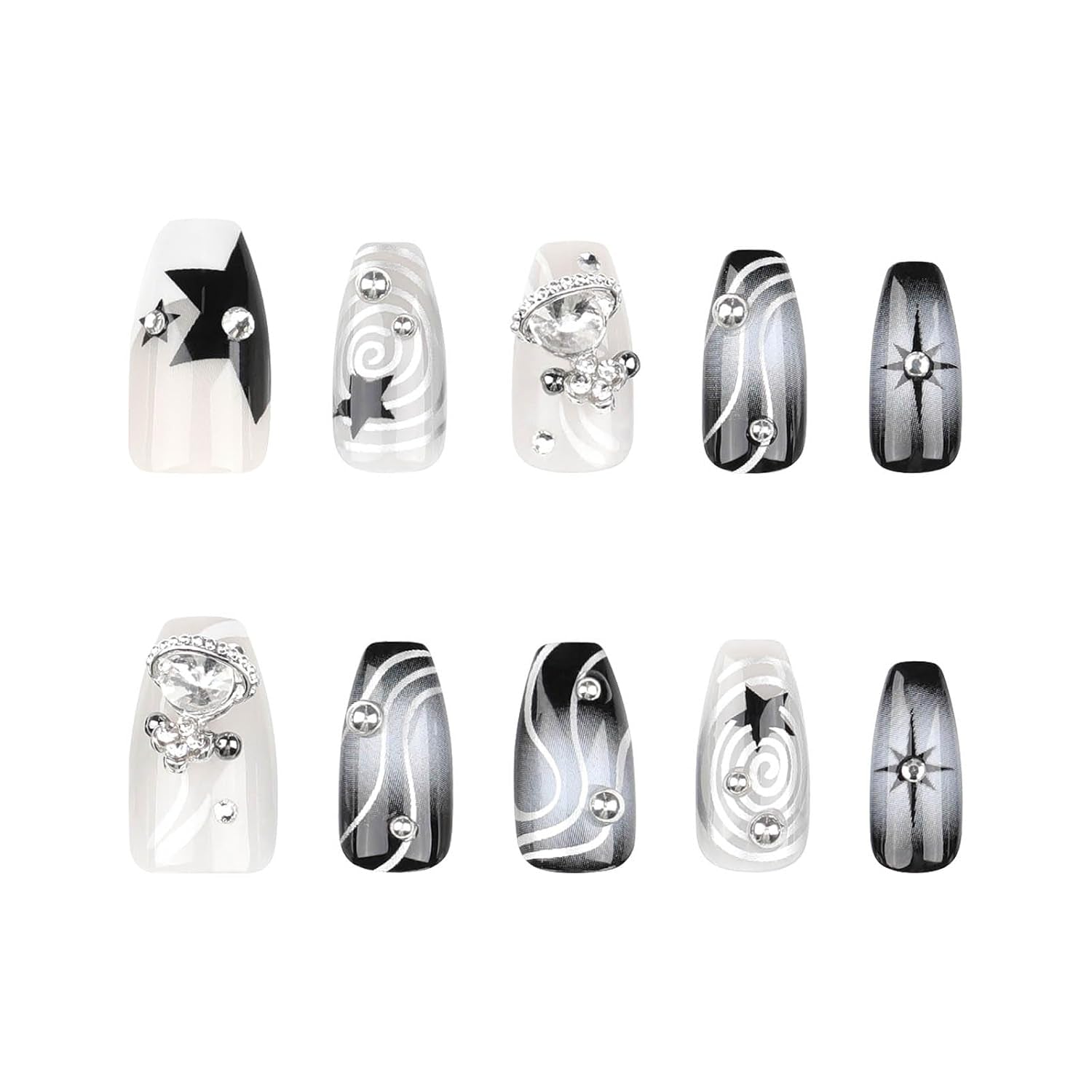 Press on Nails Medium Coffin Fake Nails Black Gradient Acrylic Press on False Nails with Y2K Planet Flash Diamond Artificial Press on Nails with Design Stick on Nails for Women
