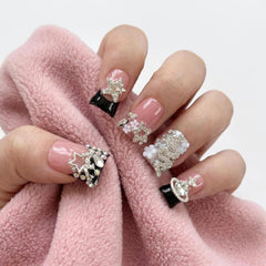 Handmade Short Duck Nails Y2K Black French Rhinestone Star 10Pcs M