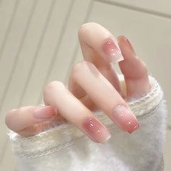 24Pcs Mid-Length Fake Nails 3D Flower Pearl Designs Nude Pink Color Press on Nails Ballerina False Nails for Women DIY Manicure