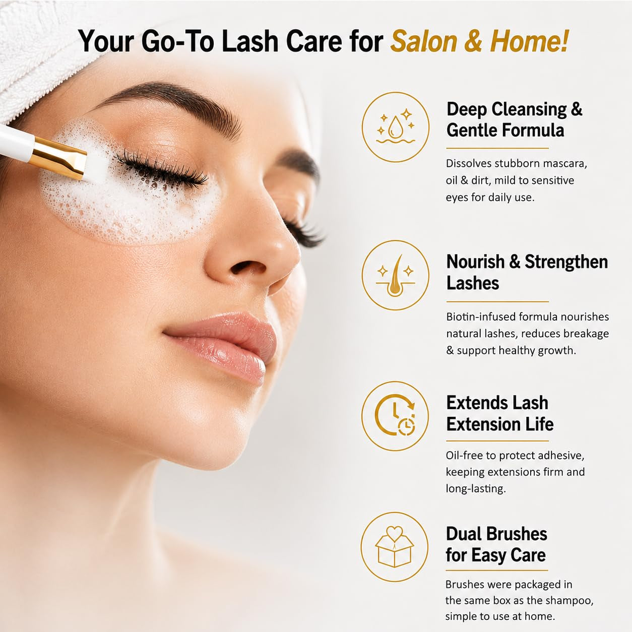 Eyelash Extension Cleanser 60 Ml + Brushes + Rinse Bottle Eyelid Foaming Cleanser, Lash Foam Shampoo for Extensions and Natural Lashes, Makeup Remover for Salon and Home Use