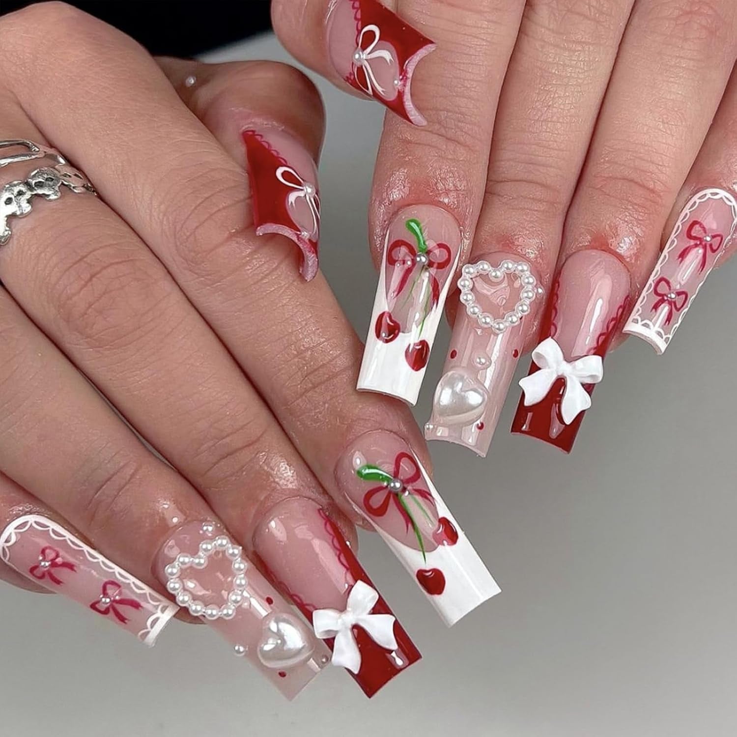 Long Coffin Press on Nails Ballerina Fake Nails with Designs Cherry Bow Stick on Nails Red French False Nails Heart Pearl Acrylic Nails Glossy Artificial Nails Full Cover Glue on Nails for Women