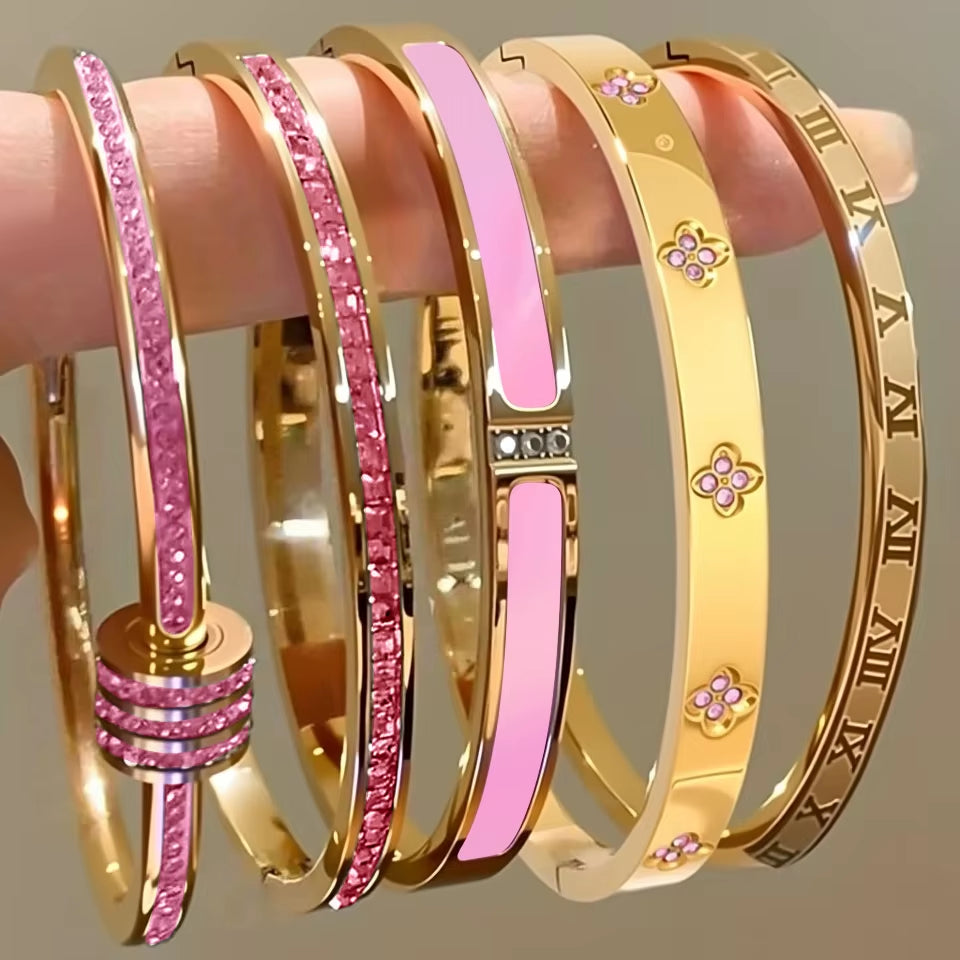 ZAKOL New Buling Pink Crystal Zirconia Stainless Steel Bracelet for Women Versatile Stackable Jewelry Waterproof Bangle Gift
