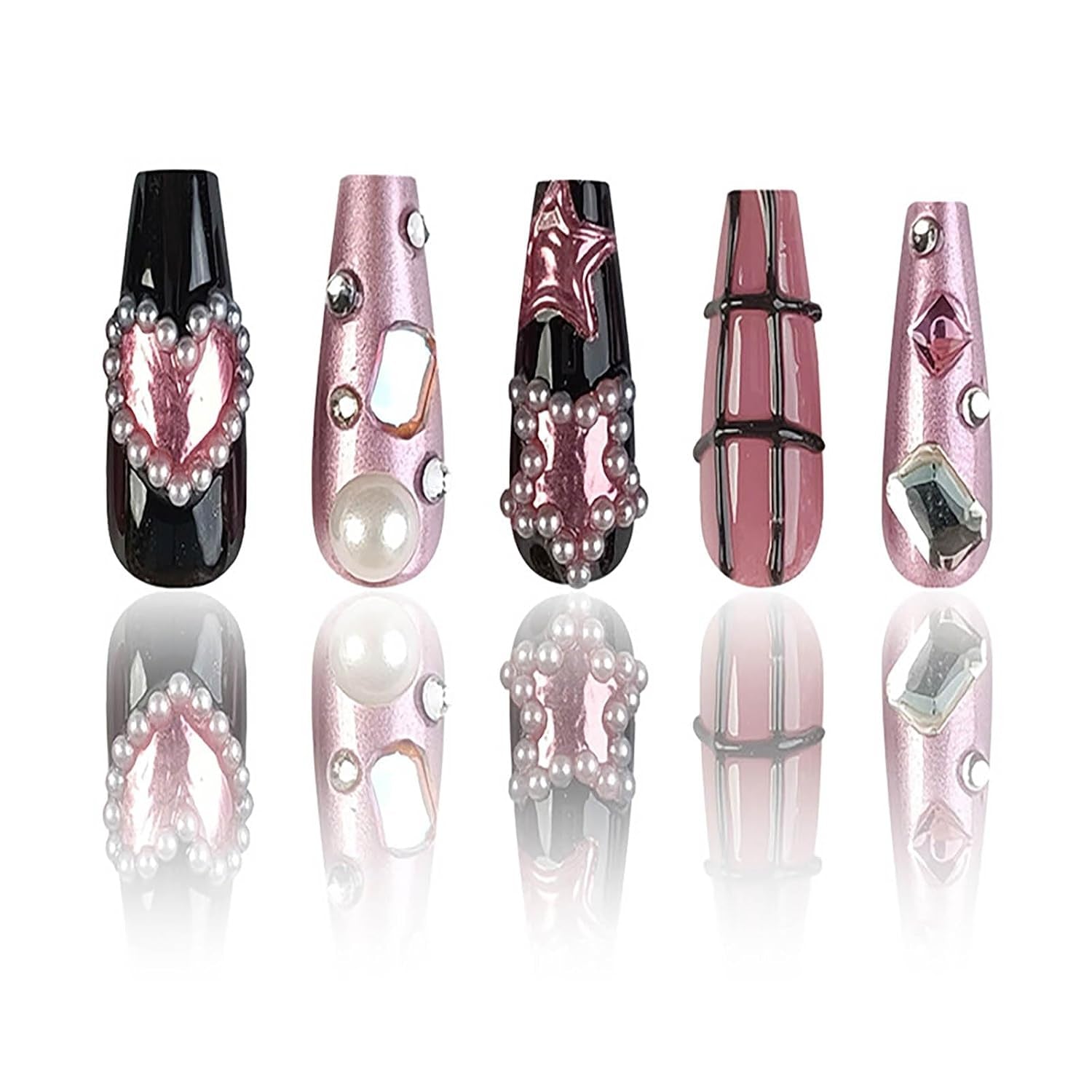 Press on Nails Medium Square Fake Nails Black Full Cover Acrylic False Nails with Pearl Jewelry and Rhinestones Designs Artificial Press on Stick on Nails for Women Nail Decorations