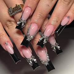 Black French Tip Press on Nails Long Square Coffin Fake Nails with 3D Bow Charms Designs Glossy Silver Star Rhinestones Glue on Nails Y2K Nude Pink Full Cover False Nails for Women Girls 24Pcs