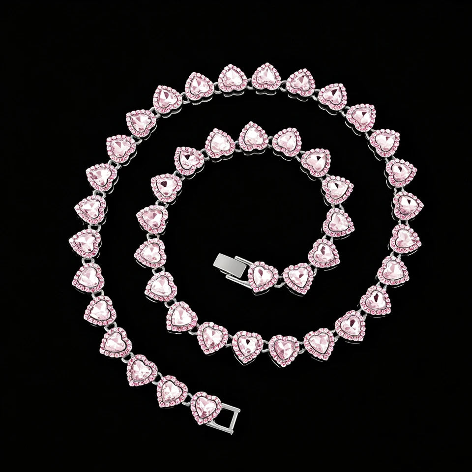ZAKOL 45CM New Hip Hop Tennis Chain Bracelet Necklace Shiny Heart Rhinestone CZ Fashion Rock Party Jewelry Set