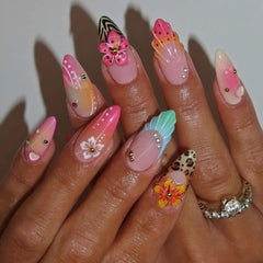 24Pcs Spring Summer Flower Press on Nails Medium Almond Fake Nails with 3D Gold Beads Glitter Designs Glue on Nails Colorful French Tip False Nails Hibiscus Stick on Nails for Women Acrylic Manicure