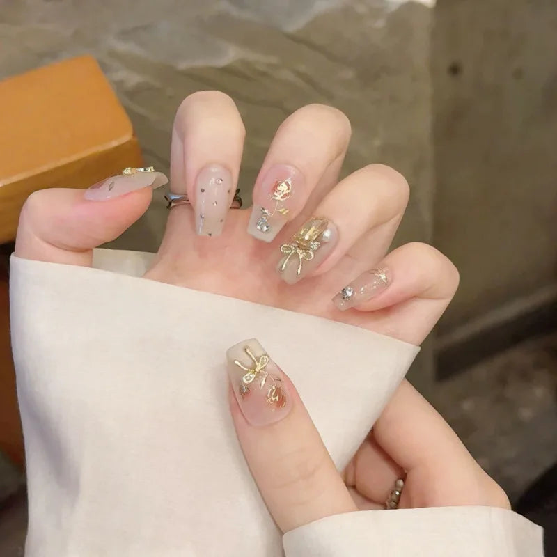 24Pcs Mid-Length Fake Nails 3D Flower Pearl Designs Nude Pink Color Press on Nails Ballerina False Nails for Women DIY Manicure