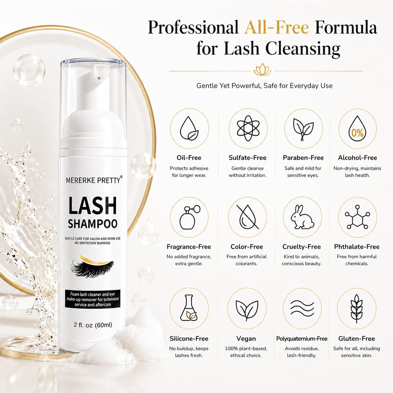 Eyelash Extension Cleanser 60 Ml + Brushes + Rinse Bottle Eyelid Foaming Cleanser, Lash Foam Shampoo for Extensions and Natural Lashes, Makeup Remover for Salon and Home Use